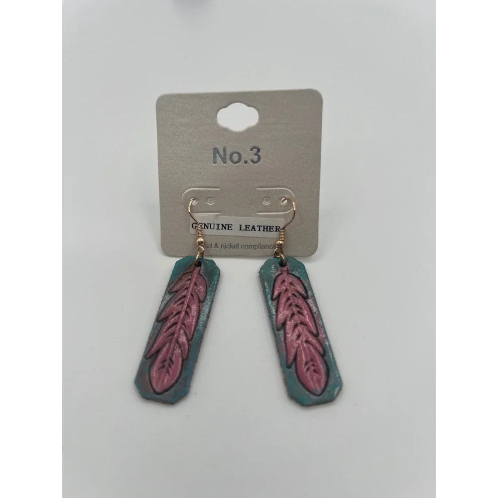 Genuine Leather Feather Embossed Drop Earrings Teal Pink Western Boho KE-0704PK
